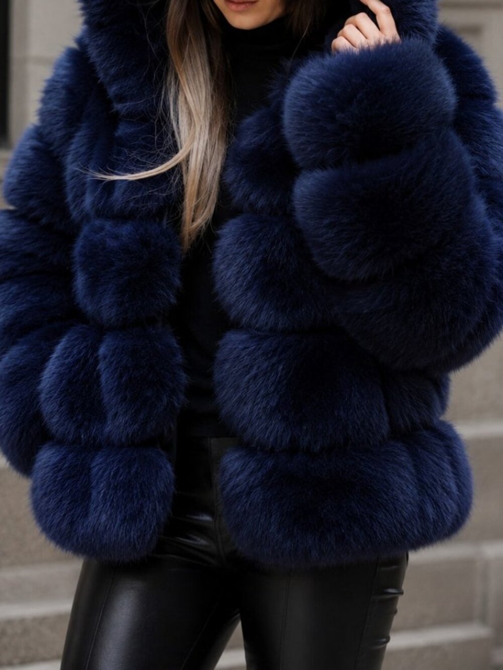 Royal Blue Preppy Women's Hooded Faux Fur Coat